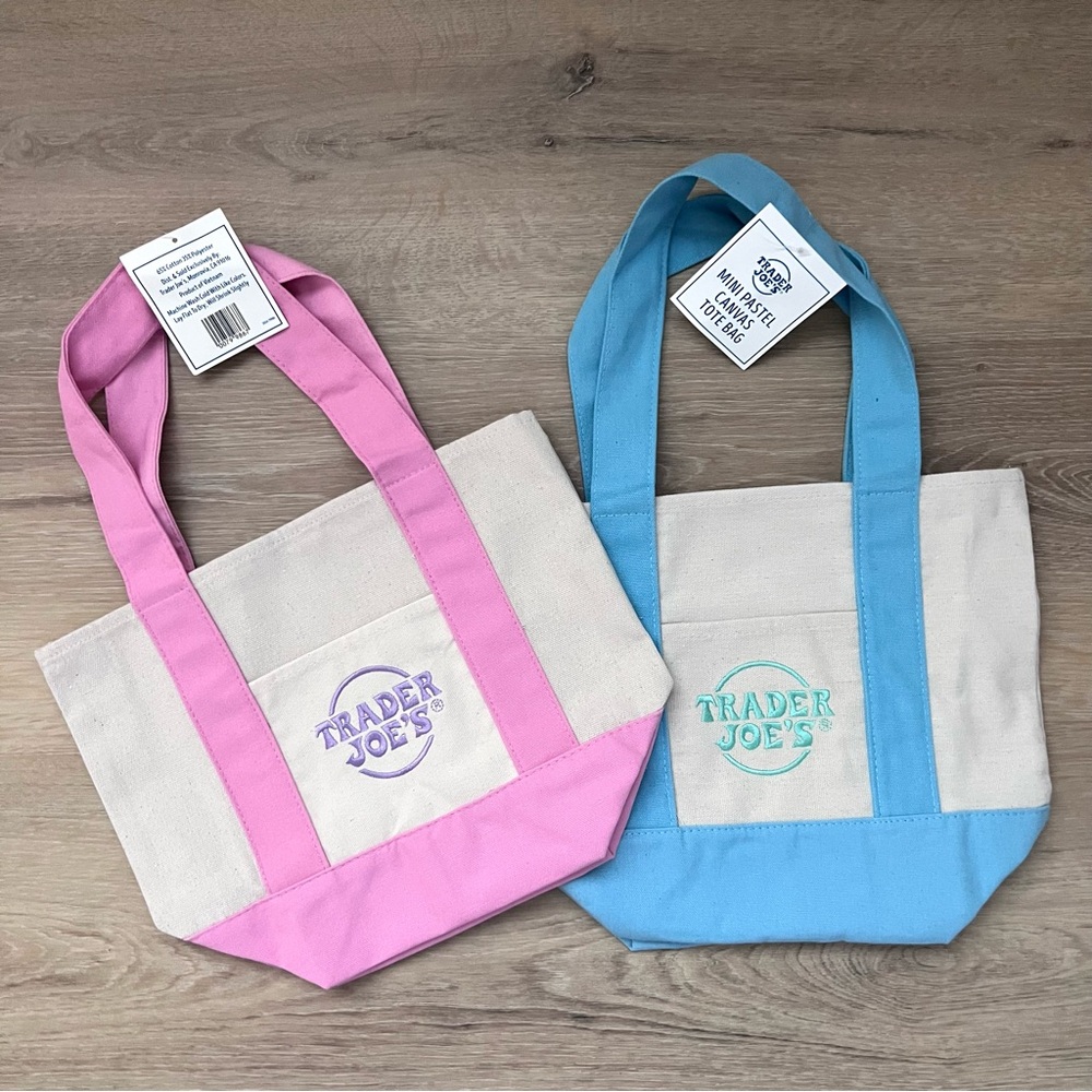 Trader Joe’s Mini Pastel Canvas Tote Bags - Pink and Blue Set of Two